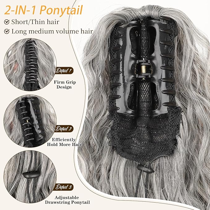ORSUNCER Ponytail Extension Claw 26" Curly Pony Tail Clip in Claw Hair Extensions Fluffy Natural Looking Synthetic Hairpiece for Women Omber Grey