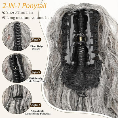 ORSUNCER Ponytail Extension Claw 26" Curly Pony Tail Clip in Claw Hair Extensions Fluffy Natural Looking Synthetic Hairpiece for Women Omber Grey