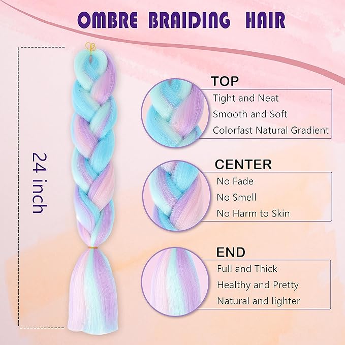 Ombre 4 Colors Mix Braiding Hair 3pcs Extensions Jumbo Hair Rainbow Color Colorful Twist Braid wigs Dreadlocks ( Pink /Purple/Green/Blue/ Light Cyan) (Lot 24Inch)