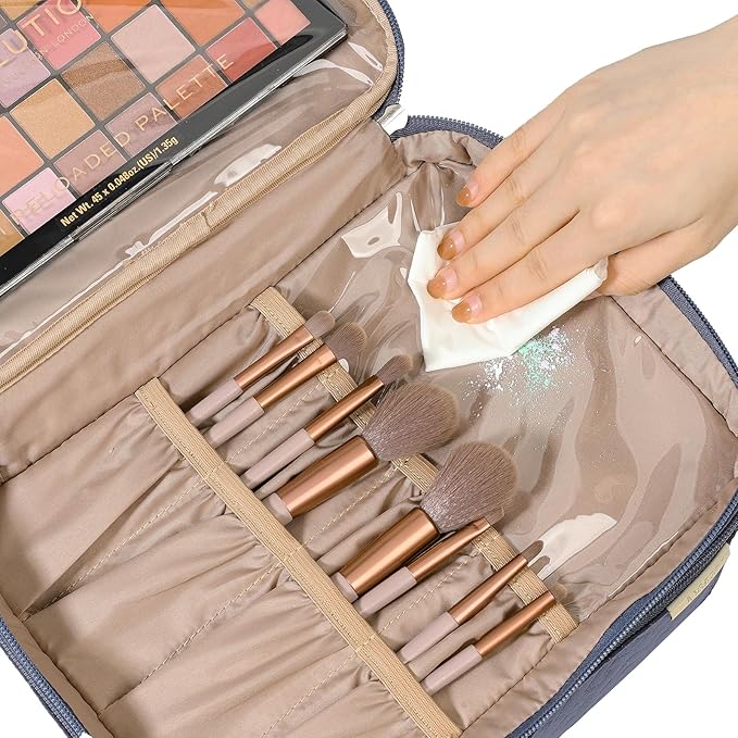 NISHEL Large Double Layer Travel Makeup Bag Women, Cosmetic Case, Organizer for Travel-Size Accessories Bottles, Brushes, Conditioner, and Skin Care Products, Aegean-Blue