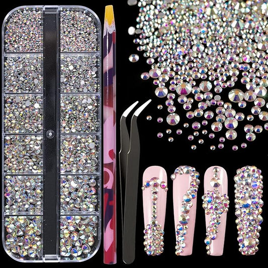 6 Sizes AB Glass Crystal Kit with Pickup Pen + Tweezer Tools for Iridescent Shine Nail Art Manicure Makeup DIY Decoration Flatback Round Rhinestone Gem Jewelry Diamond