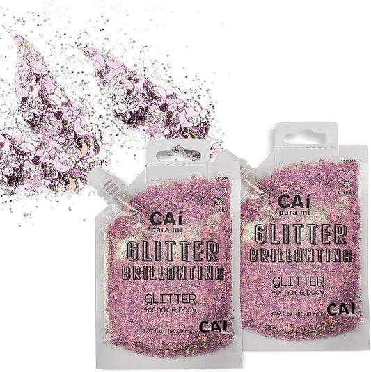 Hair Glitter Gel; Body Glitter & Face Glitter for Women/Kids(2 Pk Rose/Rose) Chunky Iridescent Holograph Stars & Moon, 6 oz | Cosmetic-Grade Makeup, Apply Without Glue, Easy to Take Off & Clean