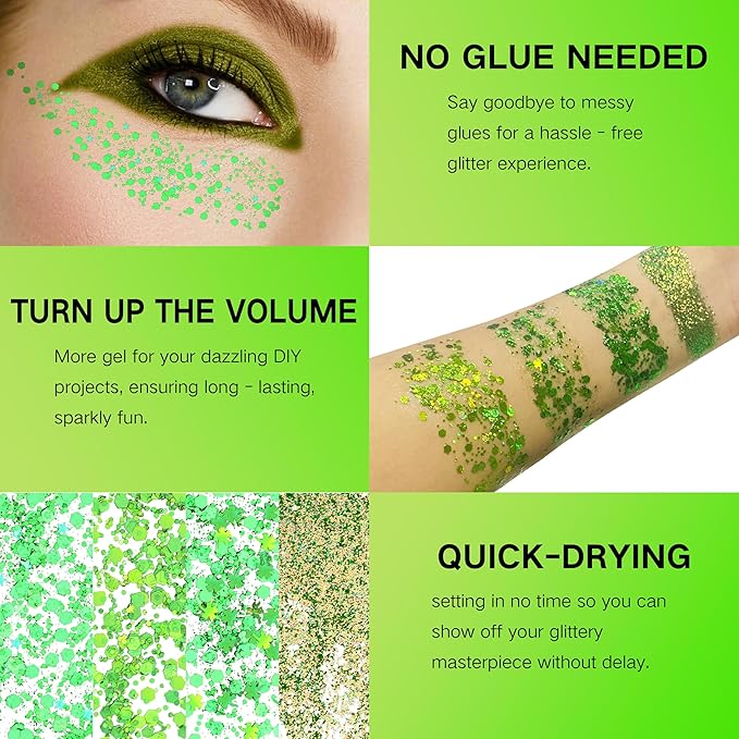 Green Face Glitter Gel,4 Styles St Patricks Day Body Glitter,Singer Concert Outfit for Women,Sparkling Hair Glitter Makeup Rave Festival Accessories,40g/1.41 oz