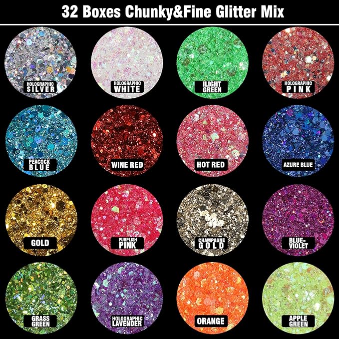 Festival Chunky and Fine Glitter Powder Mix, Teenitor 32 Colors Chunky Sequins, Iridescent Glitter Flakes, Cosmetic Face Body Eye Hair Nail Art Resin Tumbler Loose Glitter
