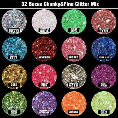 Festival Chunky and Fine Glitter Powder Mix, Teenitor 32 Colors Chunky Sequins, Iridescent Glitter Flakes, Cosmetic Face Body Eye Hair Nail Art Resin Tumbler Loose Glitter